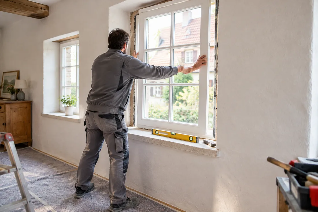 Monteur setzt ein neues Sprossenfenster in einem Altbau ein, Fenstersanierung in der Ortenau