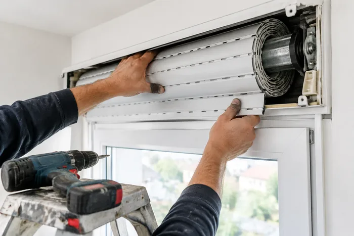 Rollladen-Reparatur: Monteur arbeitet am geöffneten Rollladenkasten
